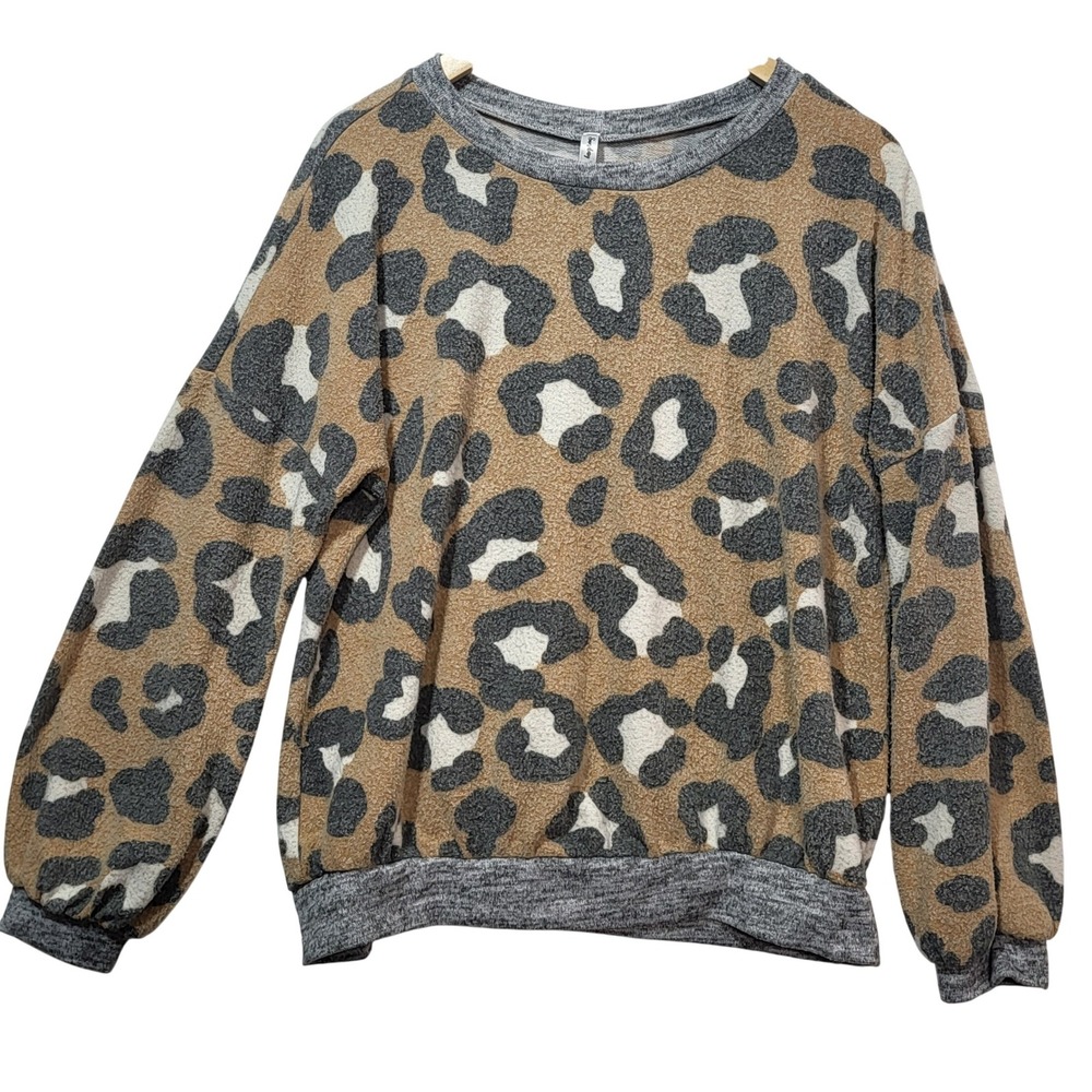 Sunday Morning Women Leopard Print Crewneck Sweatshirt Tan Grey Medium T70132